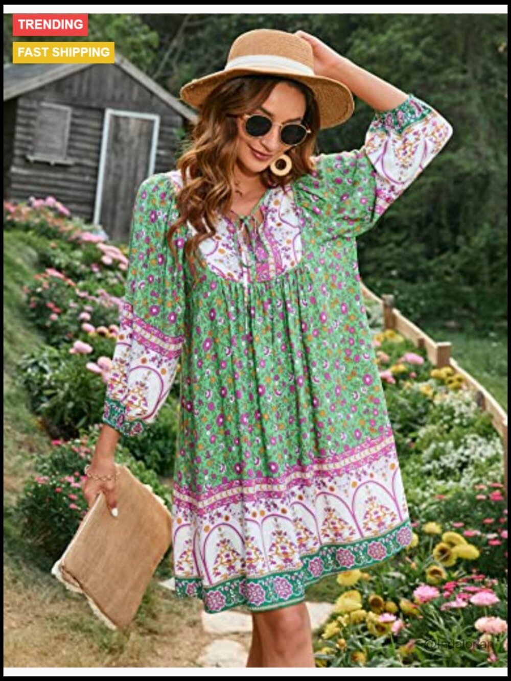 V Neck 3/4 Sleeve Floral Print Babydoll Dress with Pockets - Picture 3 of 7